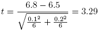 t = (6.8-6.5)/sqrt((0.1)^2/6 + (0.2)^2/6) = 3.29